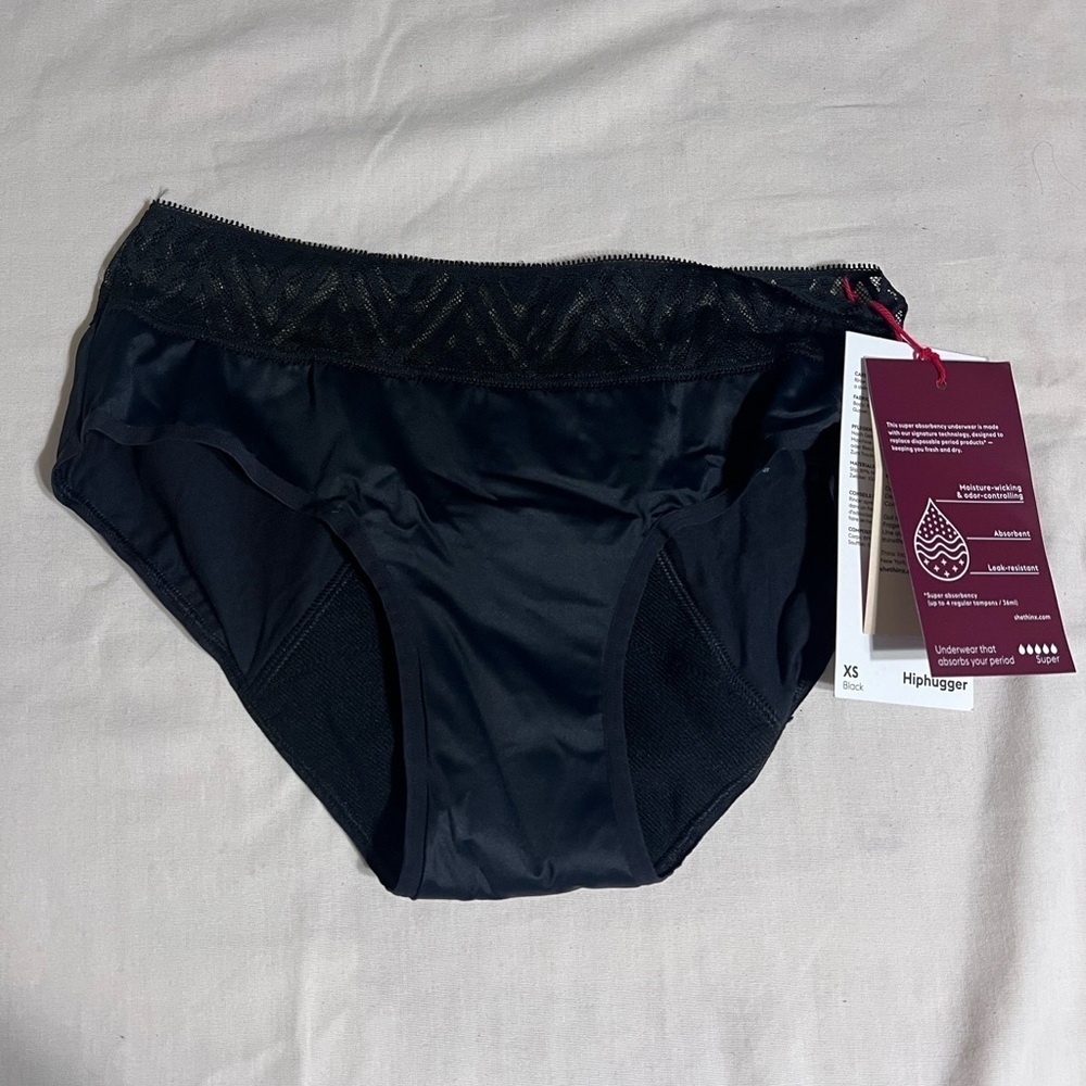 NWT Thinx Hiphugger Period Panties Underwear Black Super Absorbency Sz XS NEW!!
